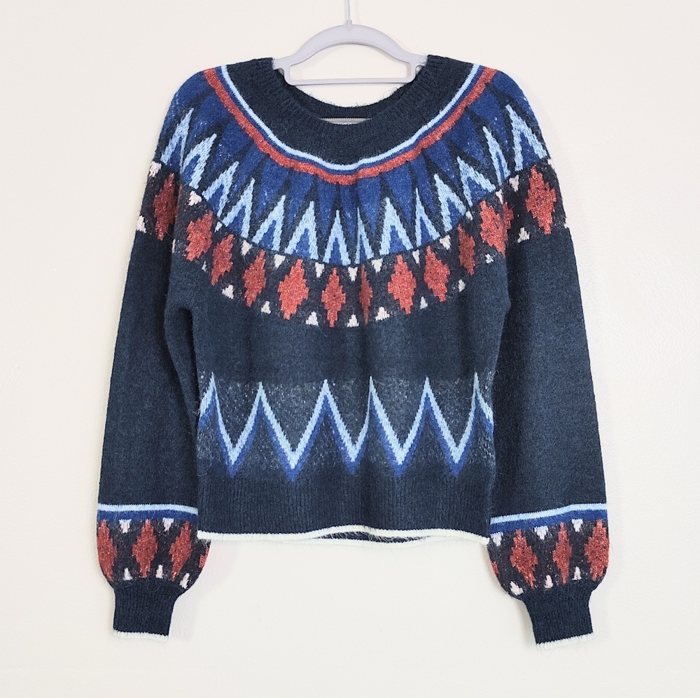 NEW Sundry Women's Fair Isle Pullover Sweater Size Medium Crew Navy Wool Blend